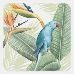 Pegatina Cuadrada Hojas de palma con pájaro azul