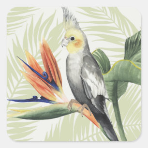 Pegatina Cuadrada Hojas de palma con pájaro negro