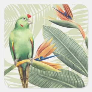 Pegatina Cuadrada Hojas de palmilla con pájaro verde