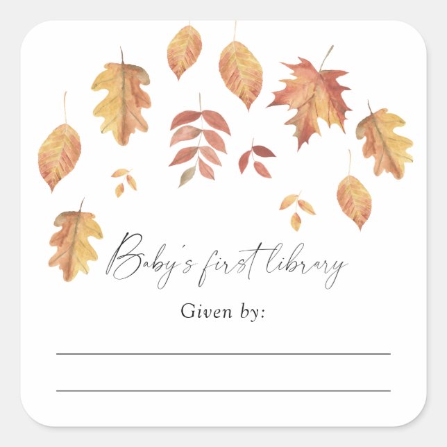 Pegatina Cuadrada Hojas que caen acuarela - Exlibris para baby showe (Anverso)