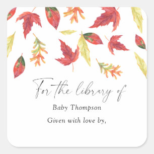 Pegatina Cuadrada Hojas que caen otoño - Exlibris para baby shower