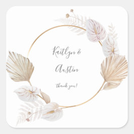 Pegatina Cuadrada Hojas Secas Rosadas Boho Floral Gracias 3