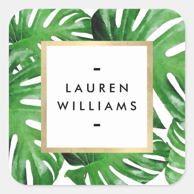 Pegatina Cuadrada Hojas tropicales de Monstera en acuarela (Anverso)