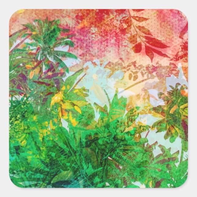 Pegatina Cuadrada Hojas tropicales de palmeras de la jungla del sol (Anverso)