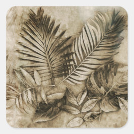 Pegatina Cuadrada Hojas tropicales en sepia con textura