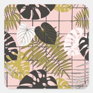 Pegatina Cuadrada Hojas tropicales, flores, patrón pintado a mano.
