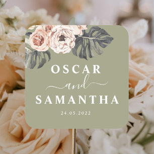 Pegatina Cuadrada Hojas tropicales y orquídeas florales modernas 