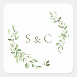 Pegatina Cuadrada Hojas verdes de color acuarela Monograma Boda