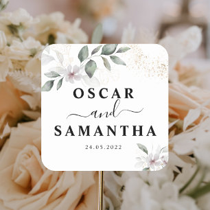 Pegatina Cuadrada Hojas y flores de color verde suave   Oro