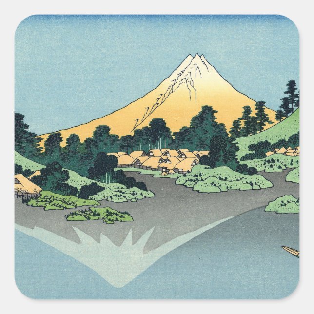 Pegatina Cuadrada Hokusai Monte Fuji reflexiona en el lago Kawaguchi (Anverso)