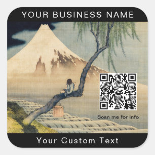 Pegatina Cuadrada Hokusai - Niño viendo el Monte Fuji - Código QR