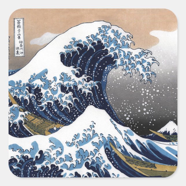 Pegatina Cuadrada Hokusai , “ The Great Wave off Kanagawa ” (Anverso)