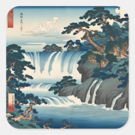 Pegatina Cuadrada Hokusai Ukiyo-e Paisaje de cascada japonés Azul