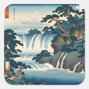 Pegatina Cuadrada Hokusai Ukiyo-e Paisaje de cascada japonés Azul
