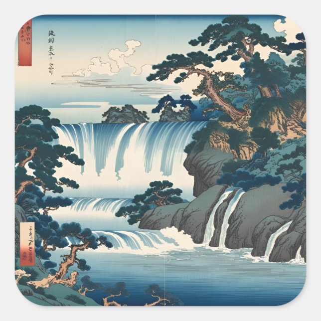 Pegatina Cuadrada Hokusai Ukiyo-e Paisaje de cascada japonés Azul (Anverso)