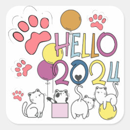 Pegatina Cuadrada Hola Año Nuevo 2024 Con Gatos Jugadores