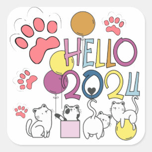 Pegatina Cuadrada Hola Año Nuevo 2024 Con Gatos Jugadores