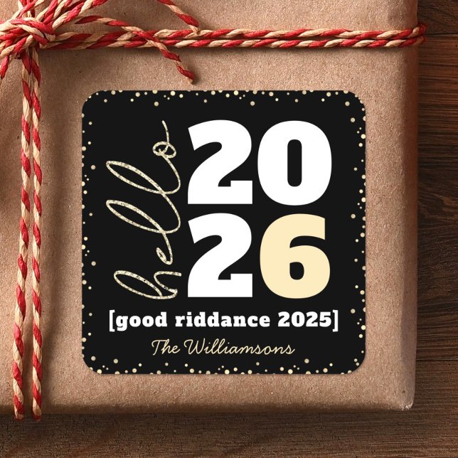 Pegatina Cuadrada Hola Año Nuevo Dorado Negro Oro Moderno Año Person (Subido por el creador)