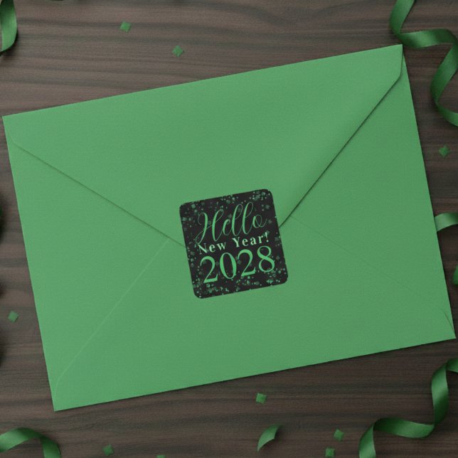 Pegatina Cuadrada ¡Hola Año Nuevo! Nochevieja Verde Negro Brillo (Subido por el creador)