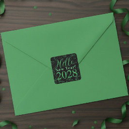 Pegatina Cuadrada ¡Hola Año Nuevo! Nochevieja Verde Negro Destello