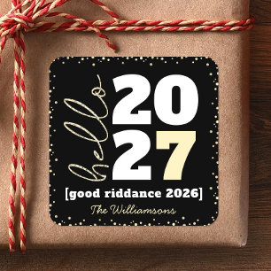 Pegatina Cuadrada Hola Año Nuevo Oro Negro Moderno Nombre Personaliz