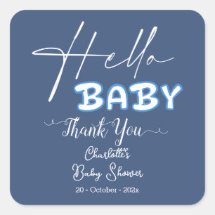 Pegatina Cuadrada Hola Bebé Elegante Baby Shower Azul Oscuro