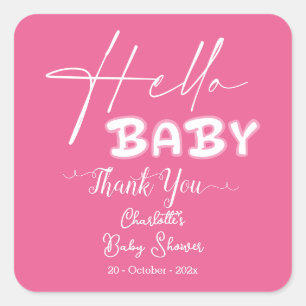 Pegatina Cuadrada Hola Bebé Elegante Baby Shower Rosa Oscuro