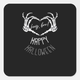Pegatina Cuadrada ¡Hola, Boo! Felices Halloween Skeleton Hand Heart 