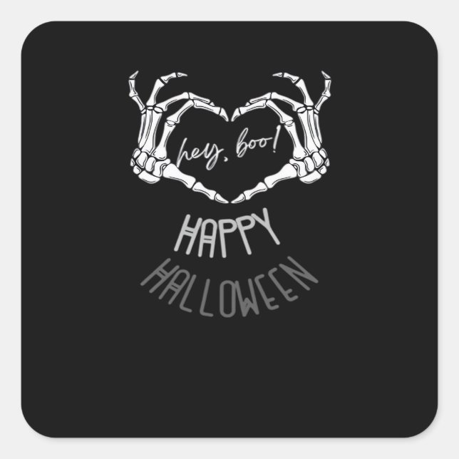 Pegatina Cuadrada ¡Hola, Boo! Felices Halloween Skeleton Hand Heart  (Anverso)