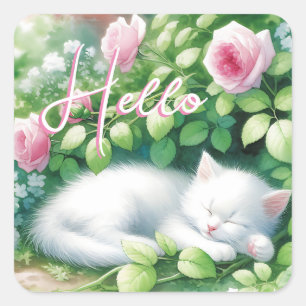 Pegatina Cuadrada ¡Hola   Dulce Napping White Kitten