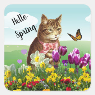 Pegatina Cuadrada Hola Gato Estacional de Primavera en Jardín