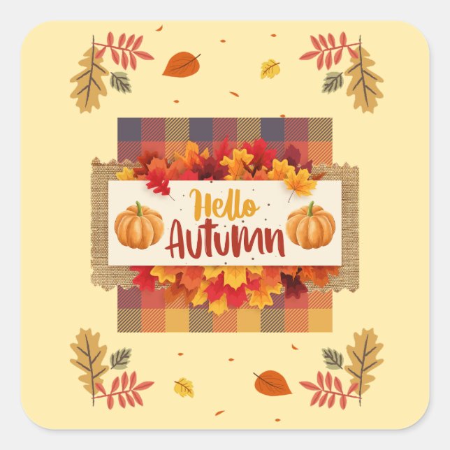 Pegatina Cuadrada Hola hojas de plástico de otoño (Anverso)