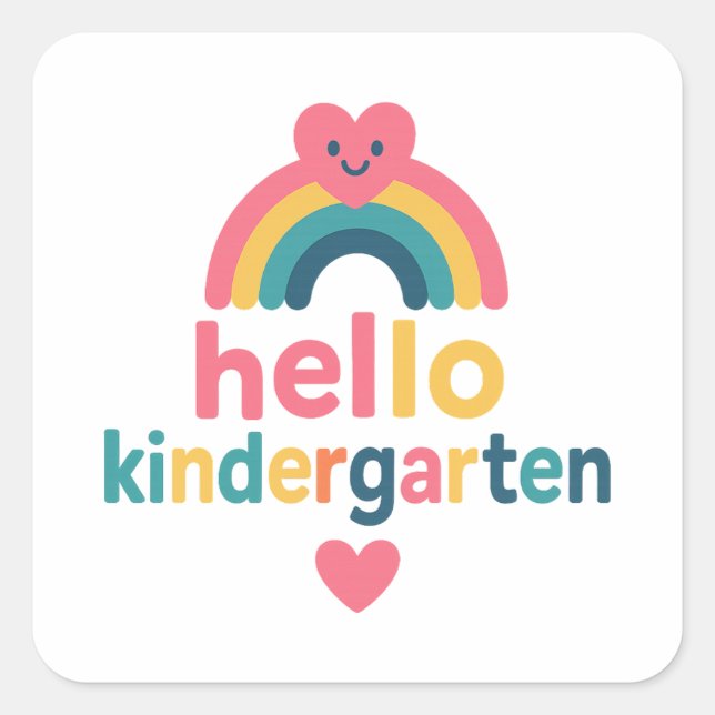 Pegatina Cuadrada Hola Jardín de Infancia Corazón de Arcoíris Vuelta (Anverso)