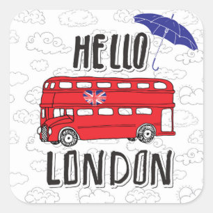 Pegatina Cuadrada Hola Londres   Rótulo Con Cartas A Mano Con Paragu