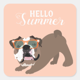 Pegatina Cuadrada Hola Naranja de Bulldog en inglés de verano