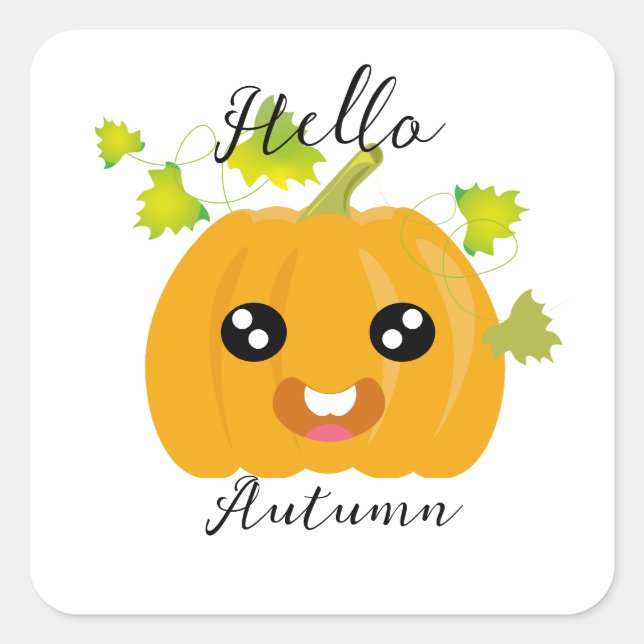 Pegatina Cuadrada Hola Otoño - Calabaza Cute (Anverso)