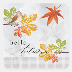 Pegatina Cuadrada Hola otoño con hojas de aves y caídas