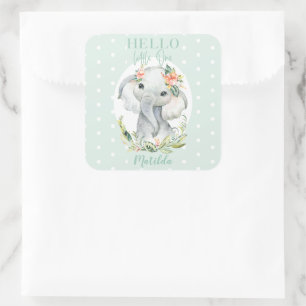 Pegatina Cuadrada Hola pequeña ducha de bebé elefante