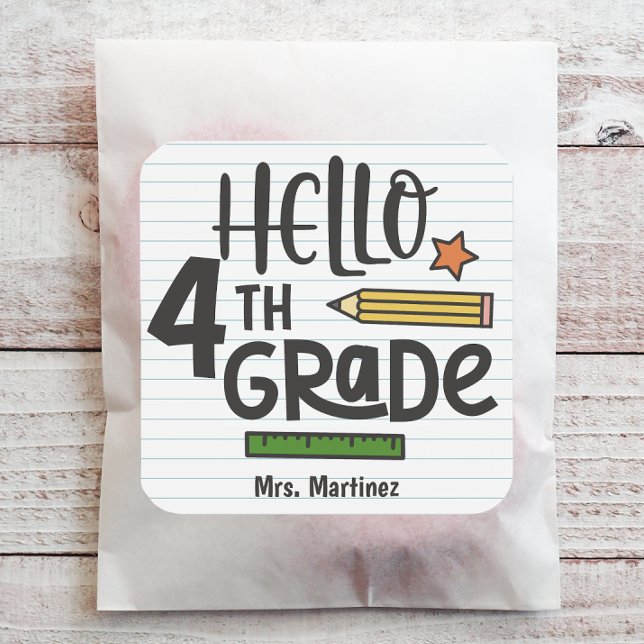 Pegatina Cuadrada Hola personalizada 4º grado (Personalize this back to school sticker with just a few clicks.)