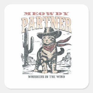 Pegatina Cuadrada Hola Socio Gato Vaquero 