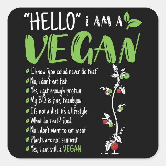 Pegatina Cuadrada Hola Soy Vegan (Anverso)