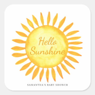 Pegatina Cuadrada Hola Sunshine Gender Neutral Baby Shower