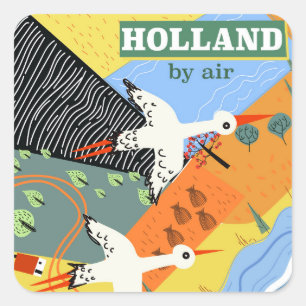 Pegatina Cuadrada Holanda en avión impresión de vacaciones vintage