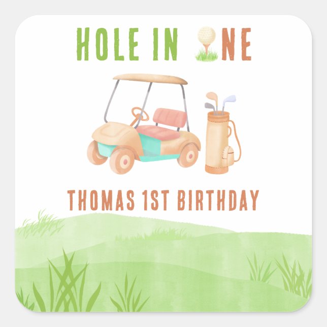 Pegatina Cuadrada Hole In One First Birthday Party (Anverso)