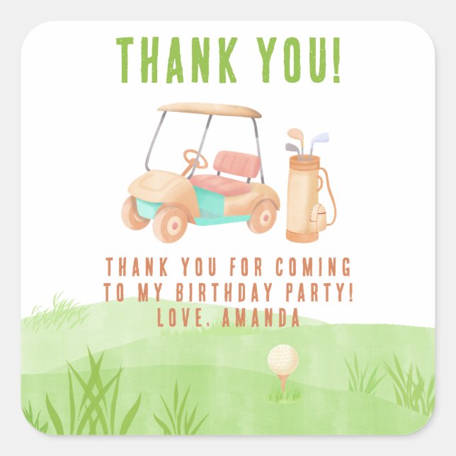 Pegatina Cuadrada Hole In One Golf First Birthday Thank you (Anverso)