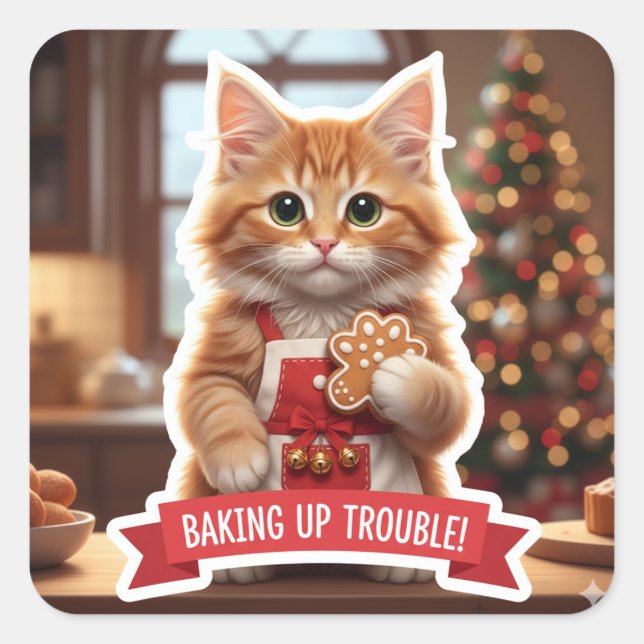 Pegatina Cuadrada Holiday Chef Cat Sticker – Cute Kitten Baking  (Anverso)