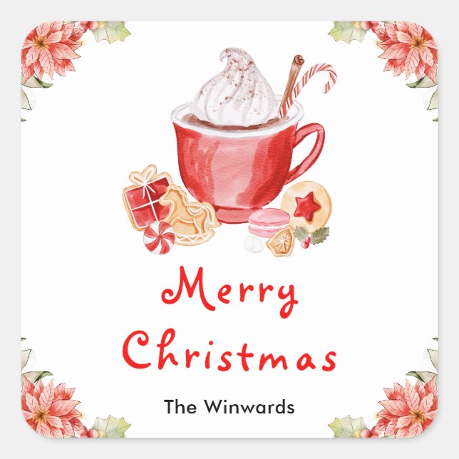 Pegatina Cuadrada Holiday Cookies and Cocoa Red Merry Christmas (Anverso)