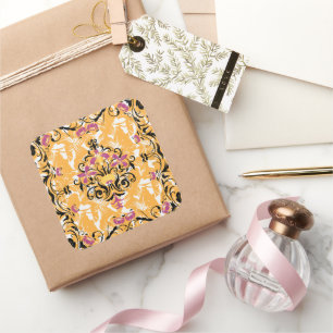 Pegatina Cuadrada Hollow Bloom – Floral Negro y Naranja