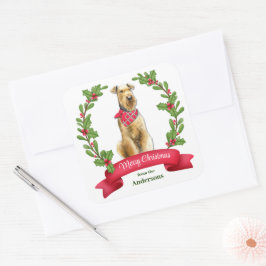 Pegatina Cuadrada Holly Banner Airedale Terrier Dog Navidades
