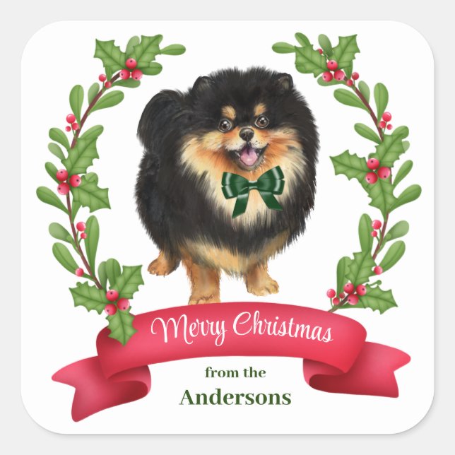 Pegatina Cuadrada Holly Banner Black Tan Pomeranian Navidades (Anverso)